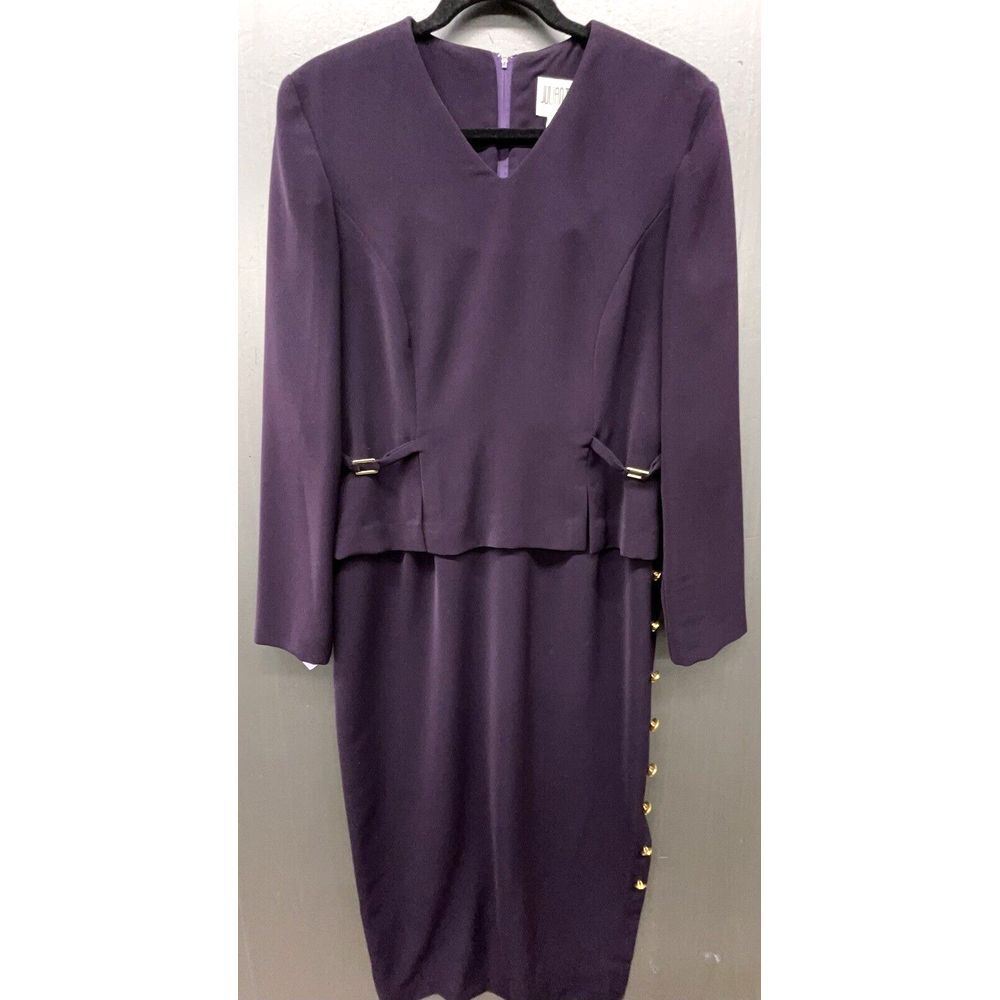 Vintage Julian Taylor Dress 12 Purple Long Sleeve Gold Buttons Lined Elegant